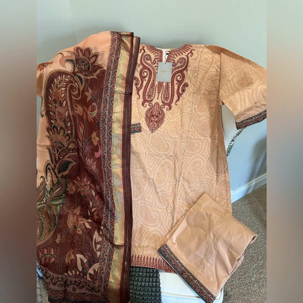 Embroidered Peach & Maroon Kurta Set